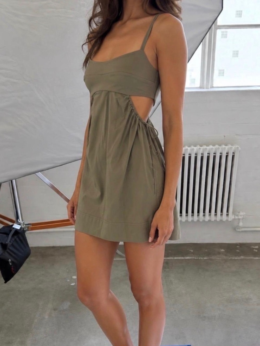 L'Academie Olive Green Cotton Mini Dress with Cut-Outs and Adjustable Straps